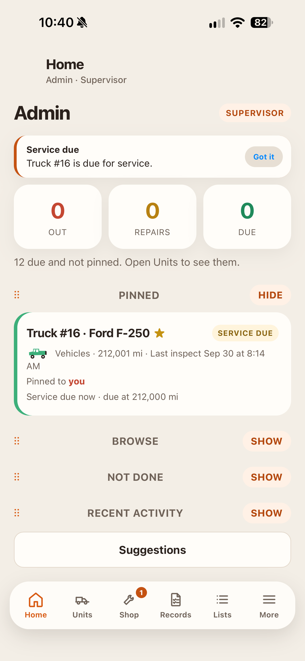 Walkaround home screen with a pinned truck that is due for service