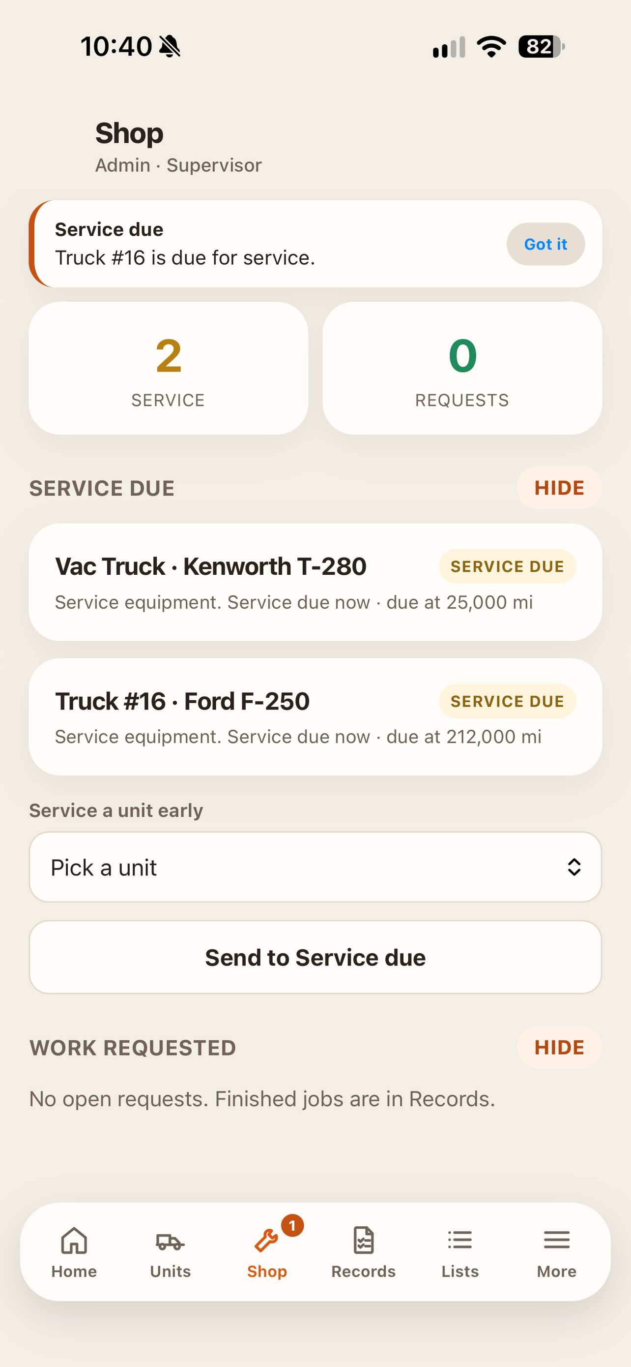 The shop screen with service due